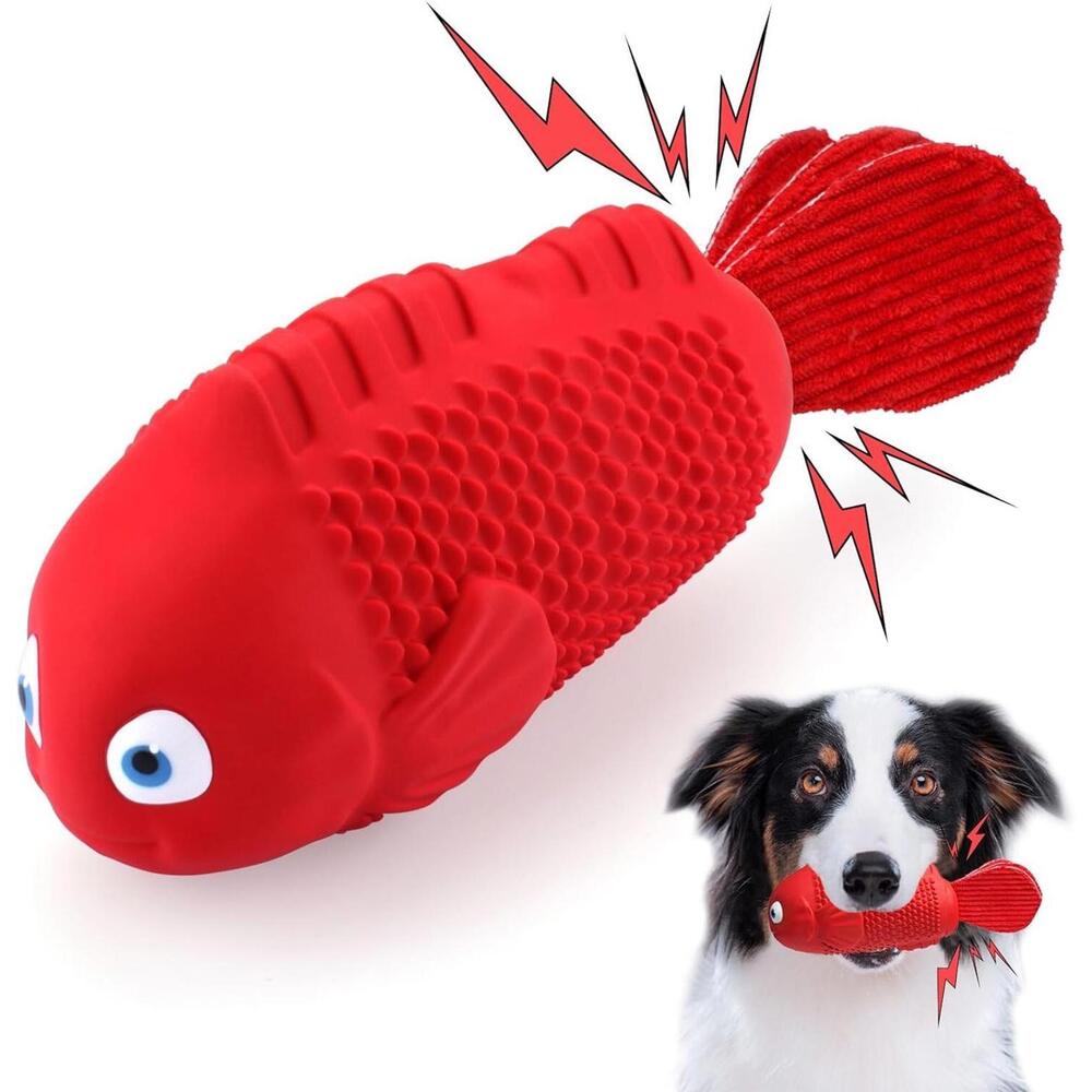 Durable Red Fish-Shaped Squeaky Dog Toy for Chewing‎ and Training
